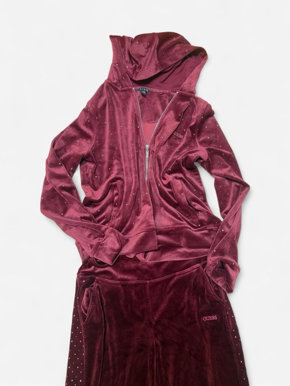 GUESS Burgundy Velour Zip Hoodie and Matching Pants Set